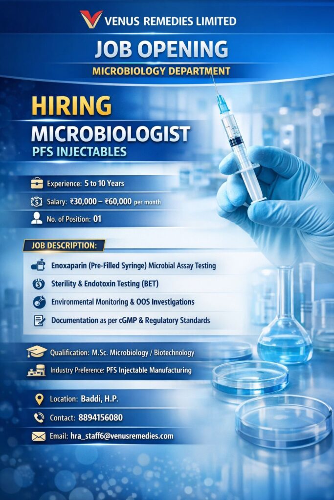 Venus Remedies Limited Hiring Microbiologist – PFS Injectables 
