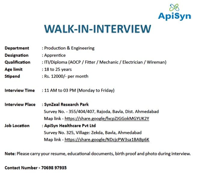 Walk-In Interview for Apprentice – Production & Engineering | ApiSyn Healthcare