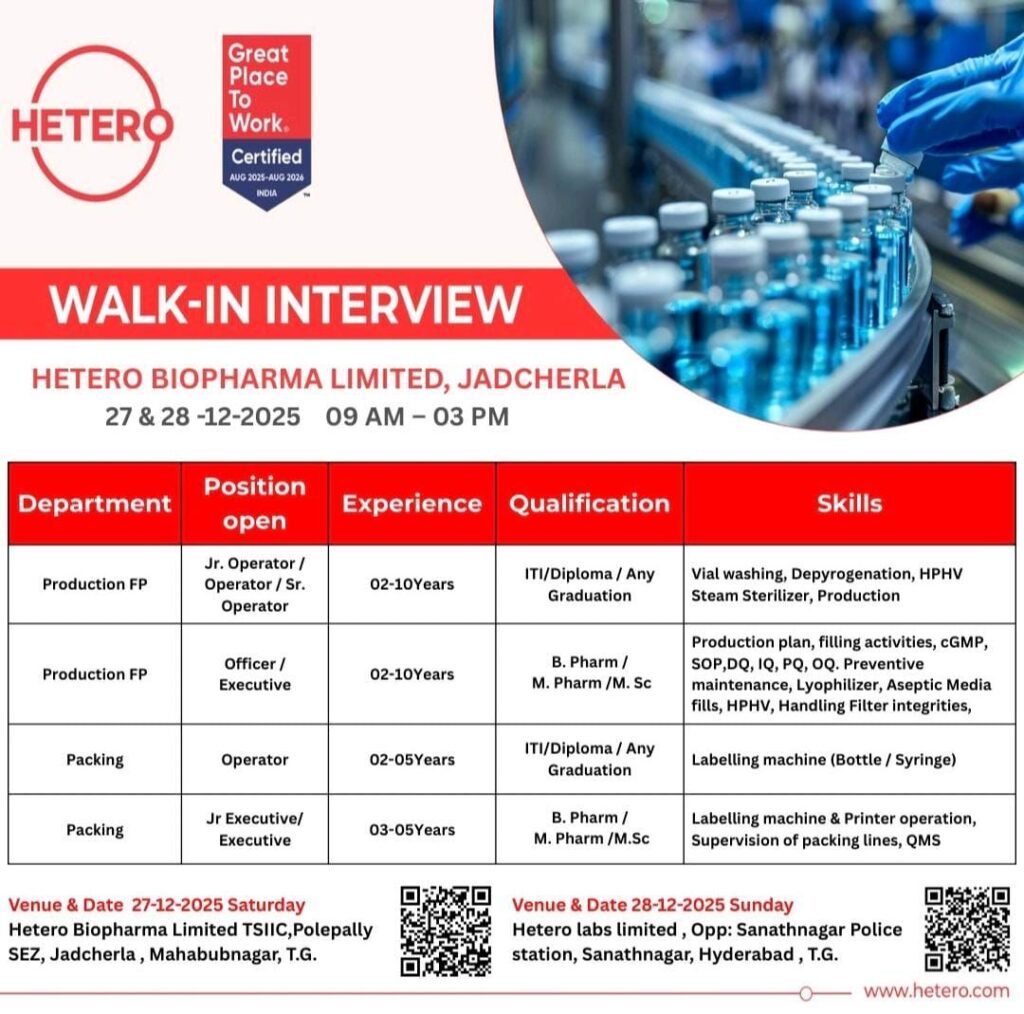 Hetero Biopharma Walk-In Interview – Production & Packing Jobs