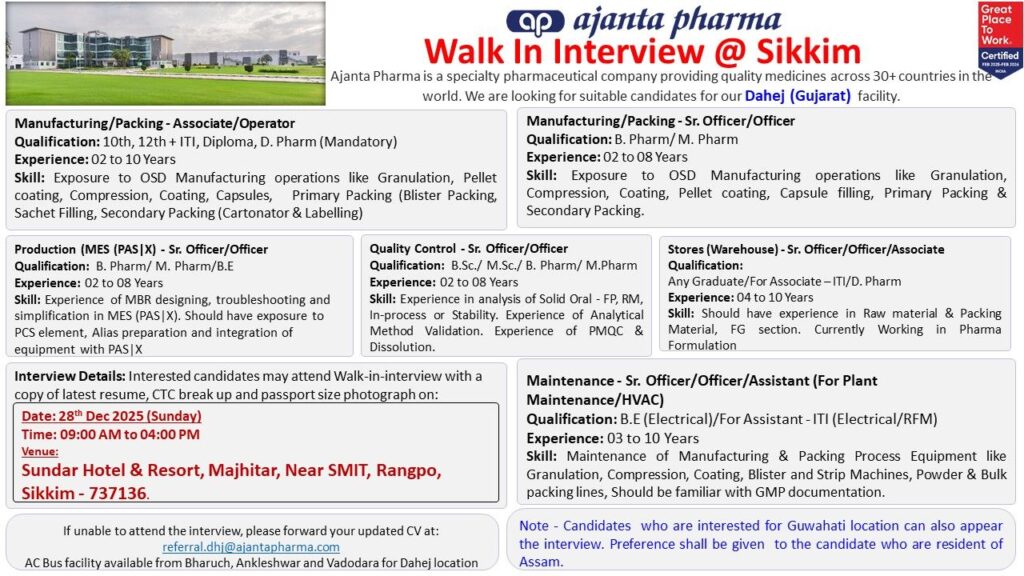 Ajanta Pharma Walk-In Interview| Manufacturing, QC, Production & Maintenance Jobs