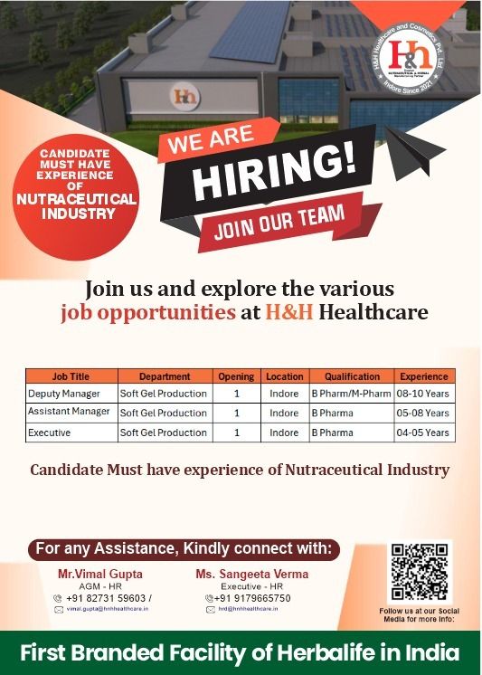 H&H Healthcare Hiring for Soft Gel Production – Indore