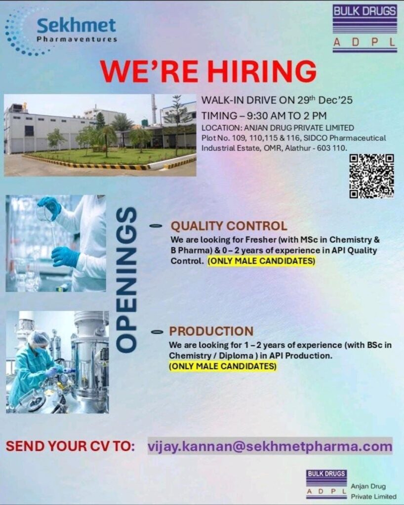Sekhmet Pharmaventures walk-in interview for API Quality Control and Production jobs