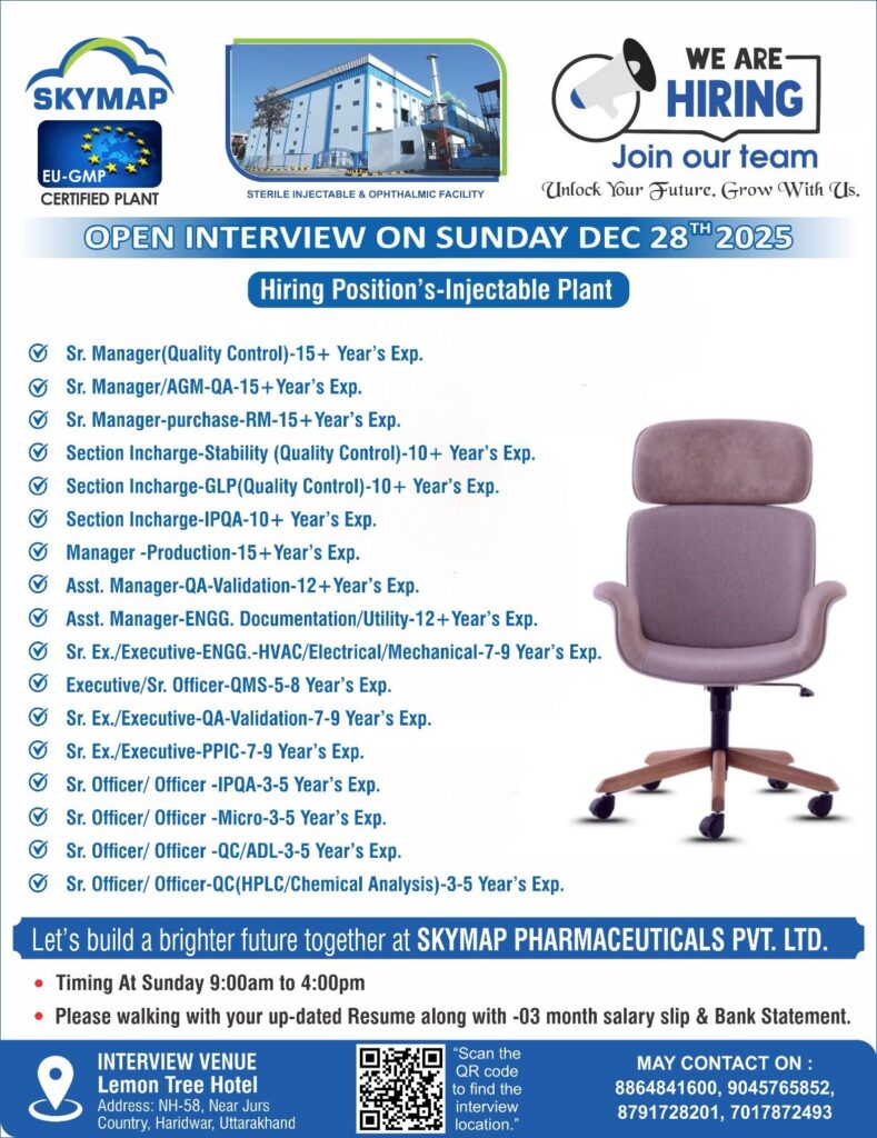 Skymap Pharmaceuticals Walk-In Interview| Injectable Plant Jobs in Haridwar