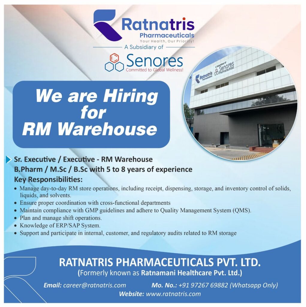 Ratnatris Pharmaceuticals Hiring for RM Warehouse Executive