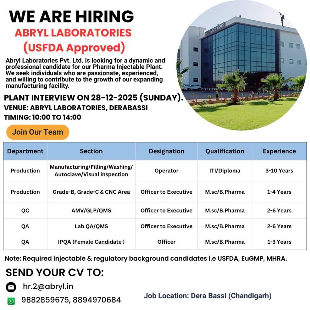 Abryl Laboratories Hiring – Production, QC & QA Jobs