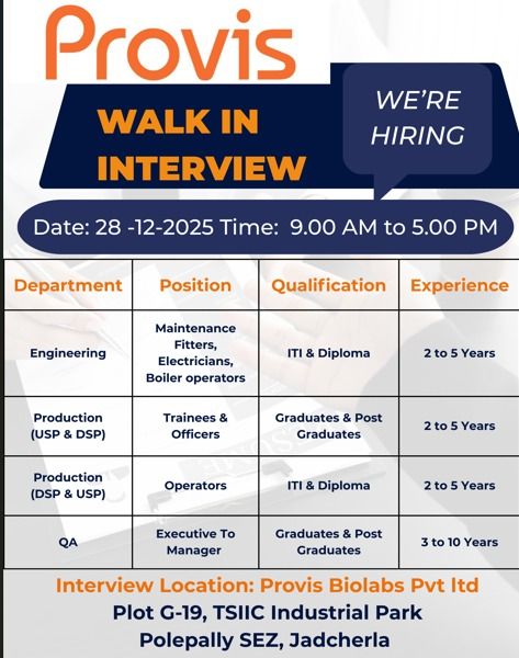 Provis Biolabs Walk-In Interview – Engineering, Production & QA Jobs