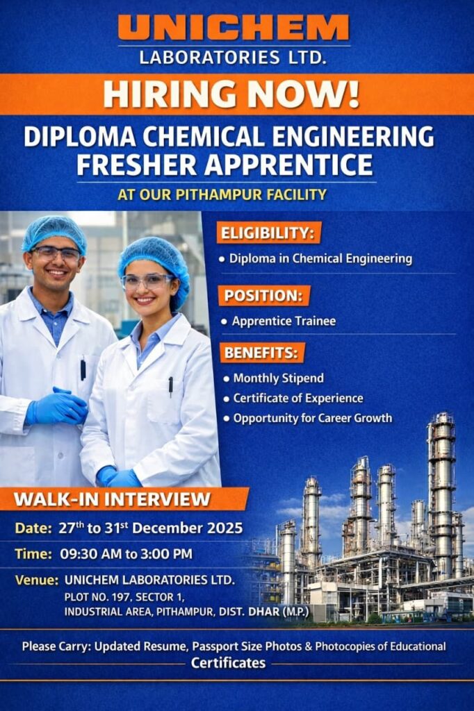 Unichem Laboratories Ltd. Hiring Diploma Chemical Engineering Freshers – Apprentice