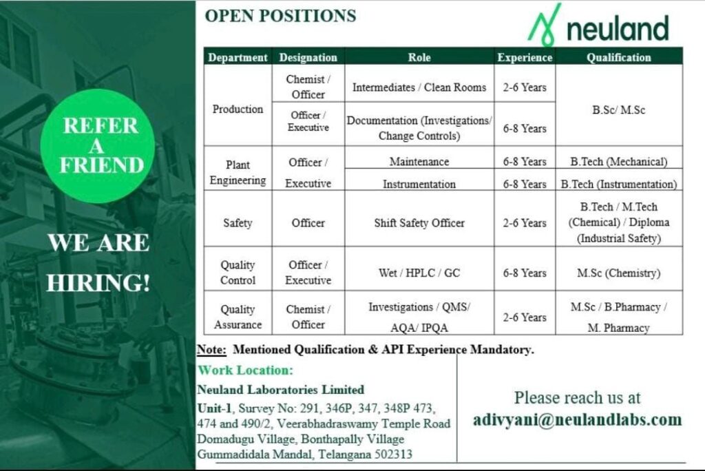 Neuland Laboratories Careers | Production, Quality & Engineering Roles
