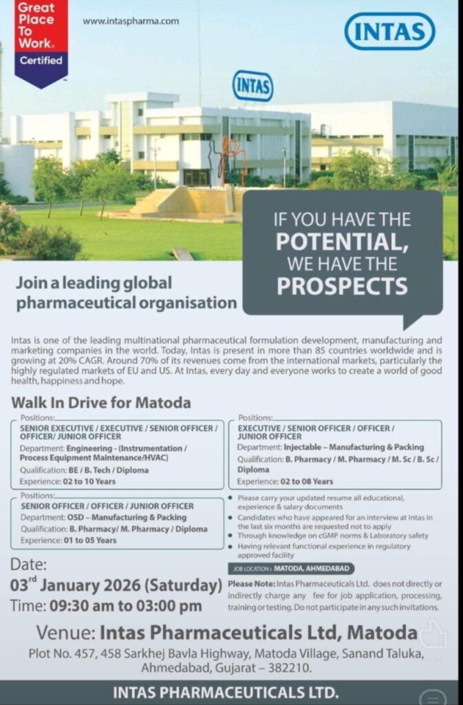 Intas Pharmaceuticals Ltd – Walk-In Drive Job Opportunity (Matoda, Ahmedabad)