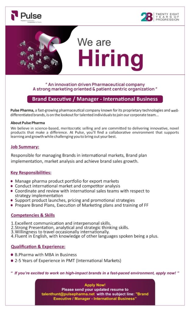 Pulse Pharma International Business Jobs | Brand Executive / Manager
