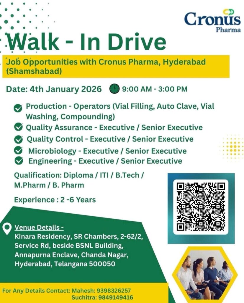 Cronus Pharma Walk-In Drive 2026 | Multiple Pharma Jobs