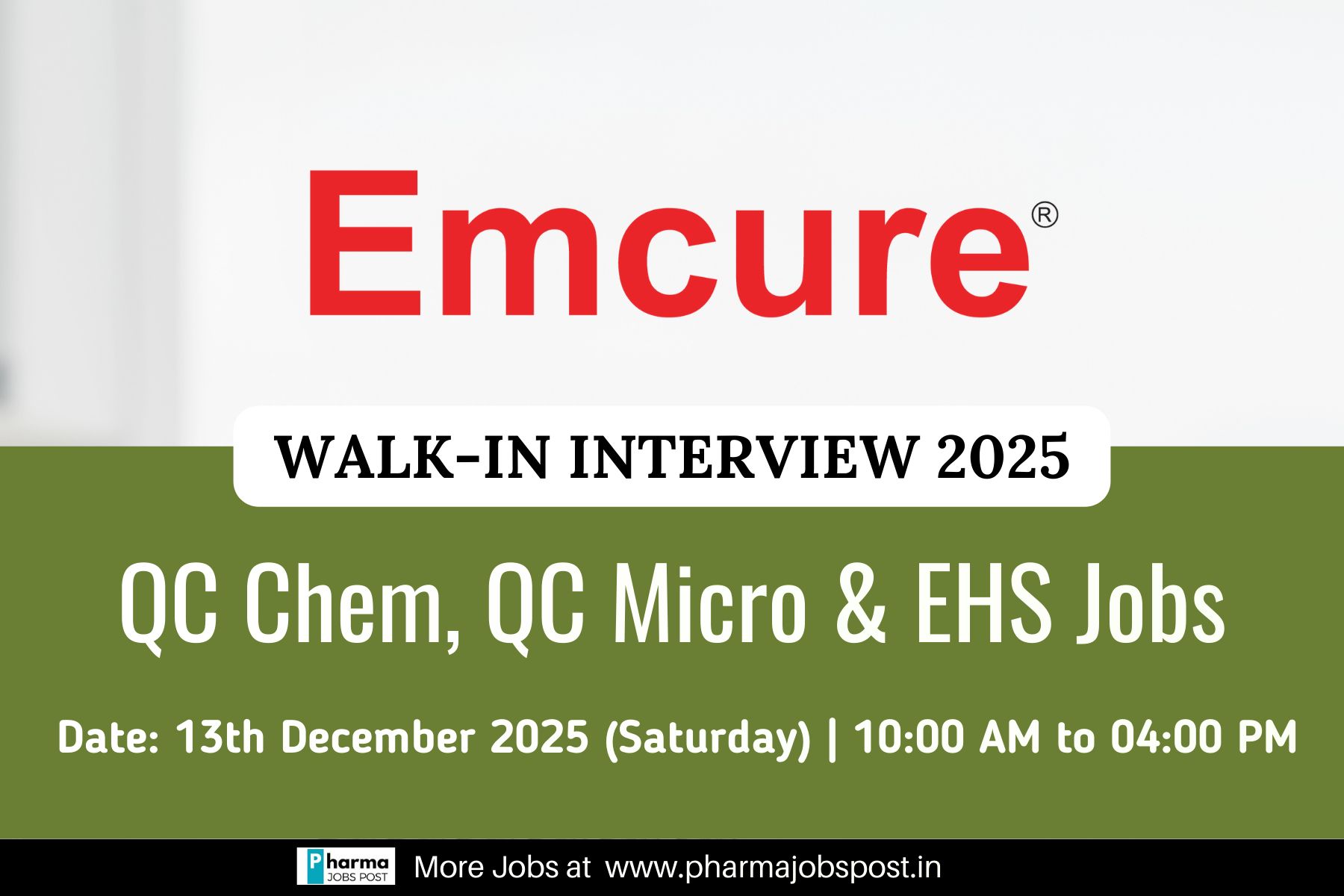 Emcure Pharmaceuticals Walk-In Interview 2025 for QC, Micro & EHS Roles ...