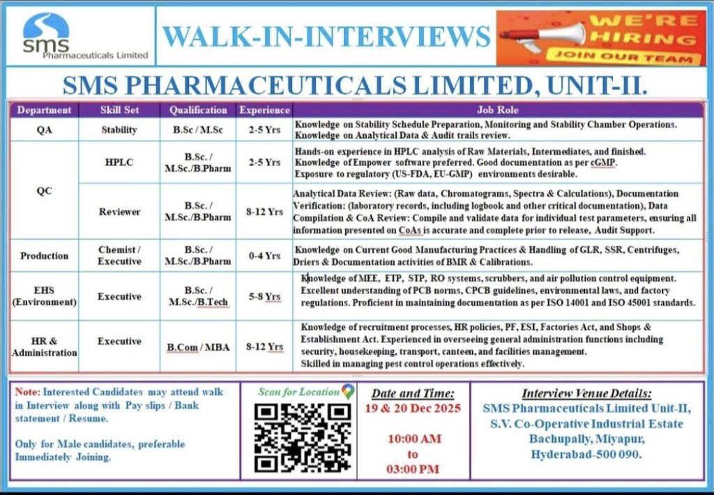 SMS Pharmaceuticals Announces Walk-In Interviews for Multiple Positions at Hyderabad Facility