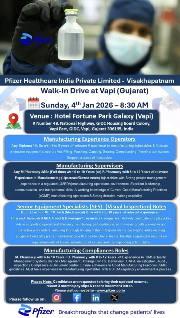 Pfizer Healthcare Walk-In Drive 2026 at Vapi, Gujarat
