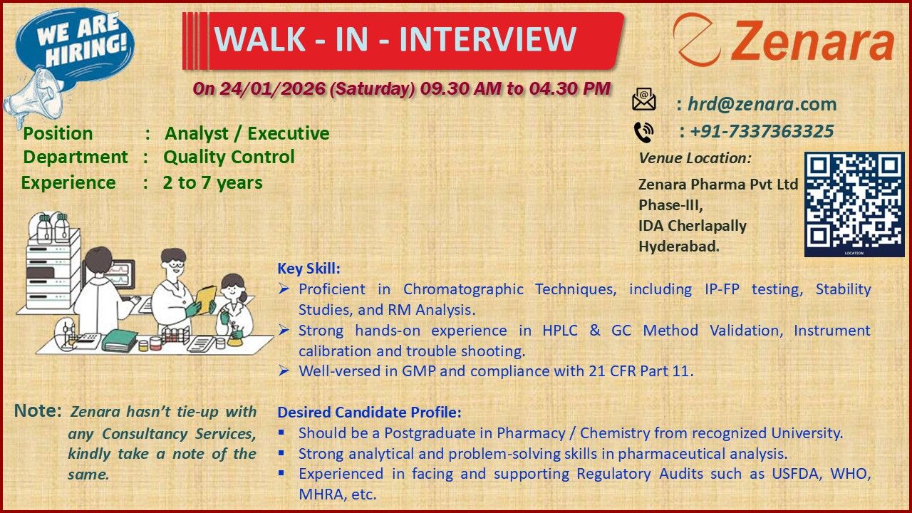 Zenara Pharma Walk-in Interview 2026 – QC Analyst / Executive Jobs in ...
