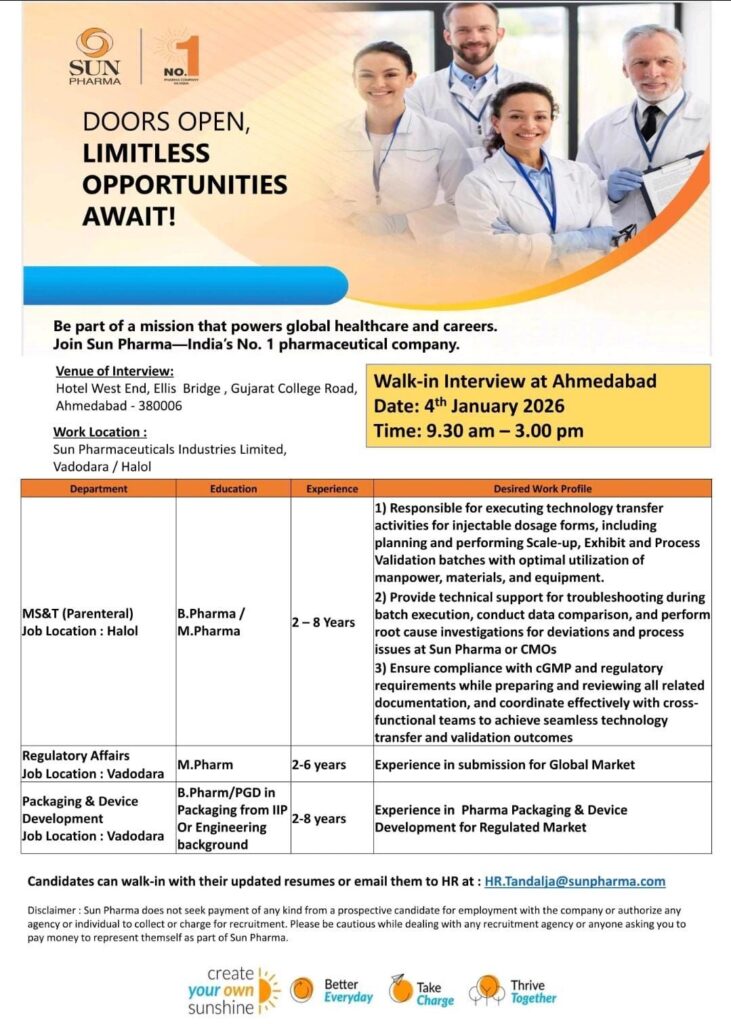 Sun Pharma Walk-In Interview 2026
