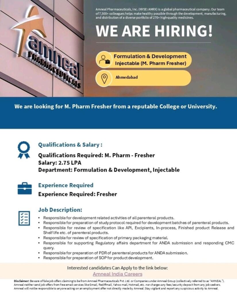 Amneal Pharmaceuticals Hiring M.Pharm Freshers