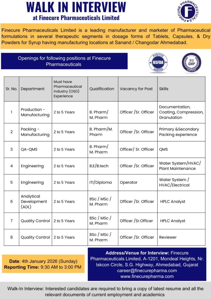 Finecure Pharmaceuticals Walk-In Interview 2026 | Production, QA, QC, Engineering Jobs