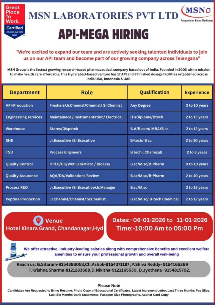 MSN Laboratories API Mega Hiring 2026 | Freshers & Experienced Walk-In Jobs