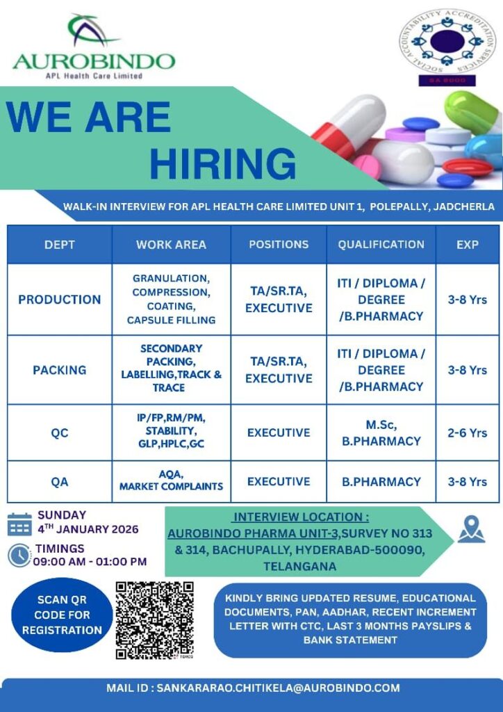 Aurobindo Pharma Walk-In Interview 2026 | Production, Packing, QC & QA Jobs