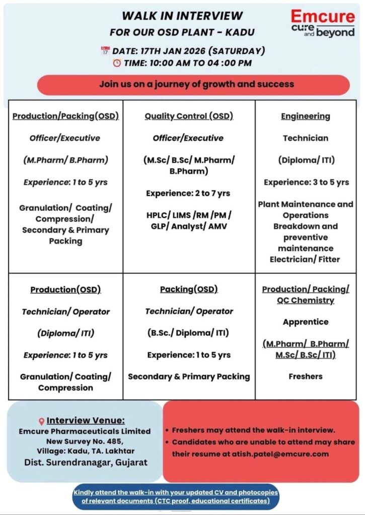 Emcure Pharmaceuticals Walk-In Interview 2026 for OSD Plant Kadu