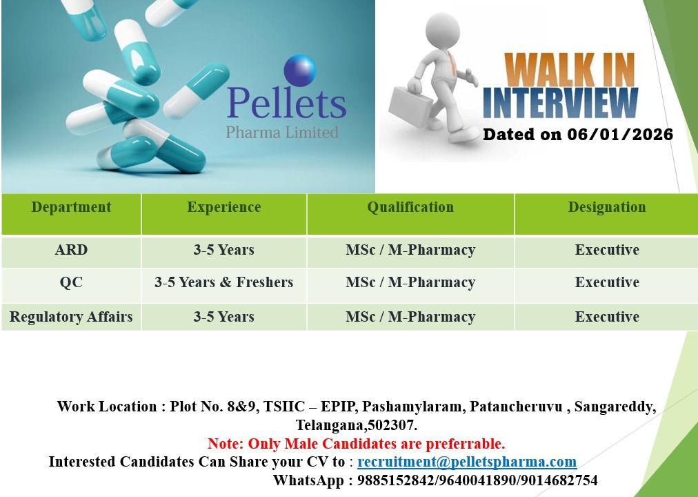 Pellets Pharma Limited Hiring ARD, QC & RA Executives
