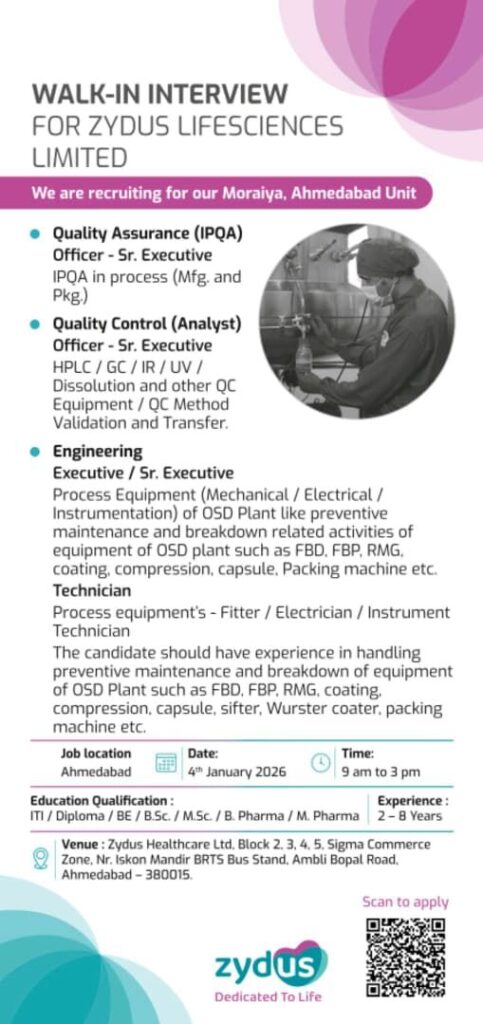 Zydus Lifesciences Walk-In Interview 2026 | QA, QC & Engineering Jobs