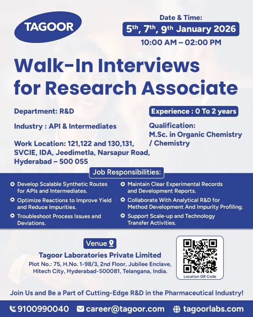 Research Associate R&D Jobs in Hyderabad | Walk-In Interviews at Tagoor Laboratories