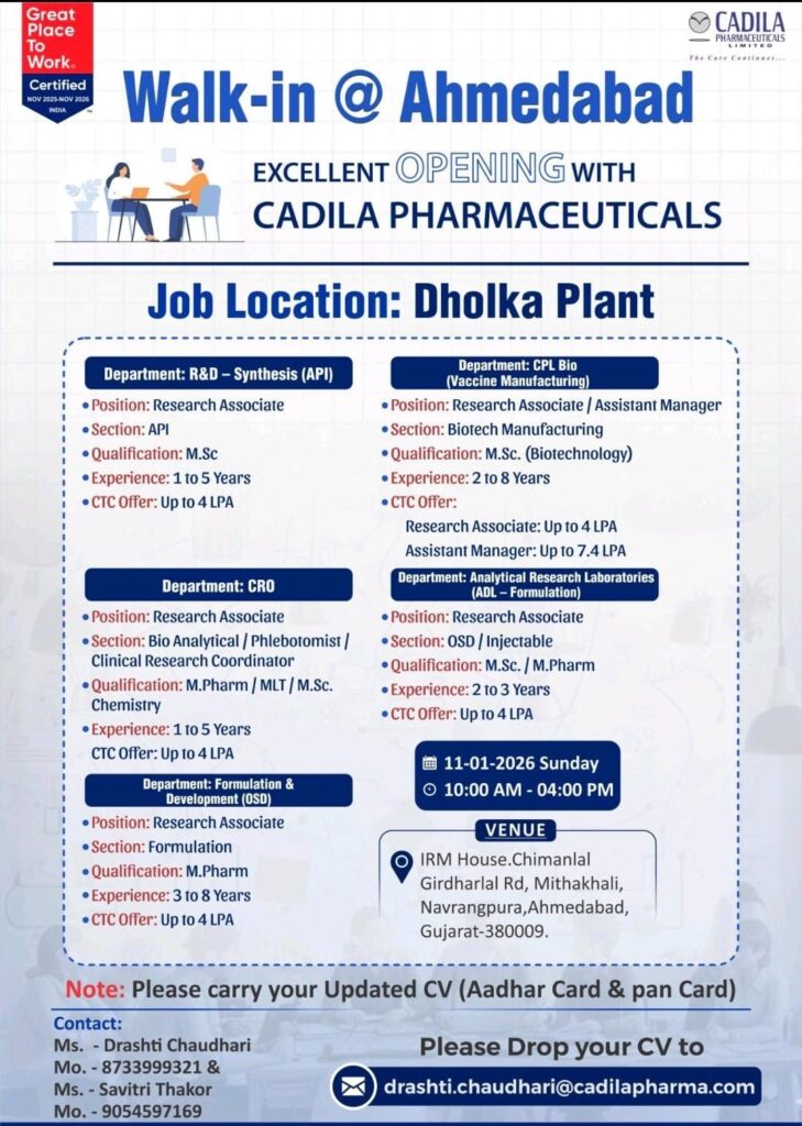 Cadila Pharmaceuticals Walk-In Interview – Ahmedabad