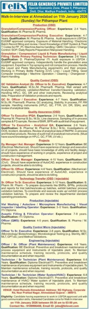 Felix Generics Walk-In Interview Ahmedabad | Production, QC, QA, Engineering Jobs