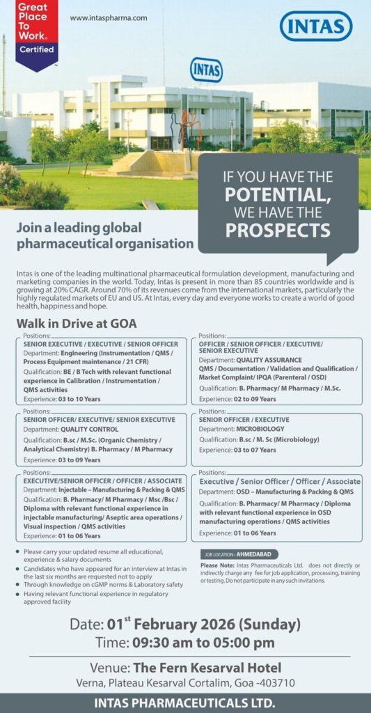 Intas Pharma Walk-In Drive at Goa – Quality Assurance, QC & Manufacturing