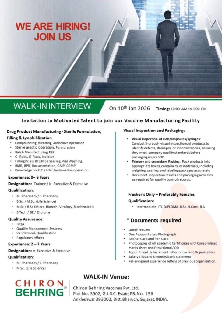 Chiron Behring Vaccines Hiring 2026 – Walk-In Interview for Multiple Roles