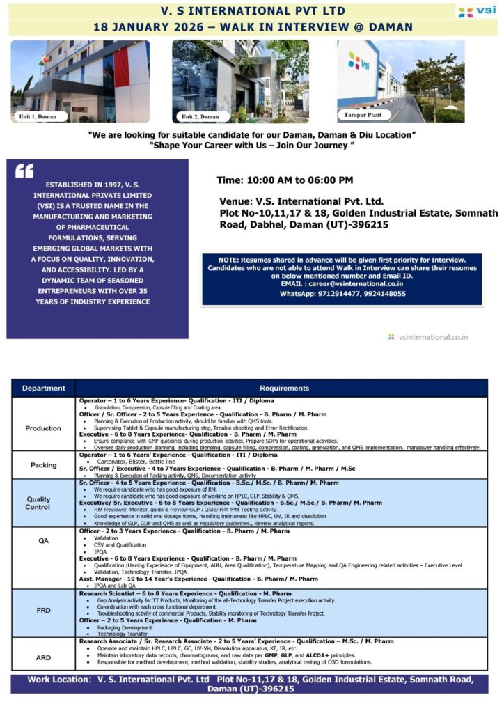 Walk-In Interview | V. S. International Pvt. Ltd. – Daman