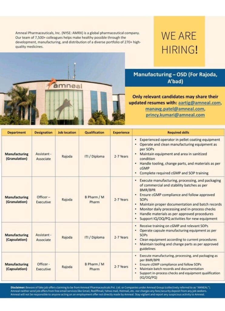 Amneal Pharmaceuticals Hiring for Manufacturing