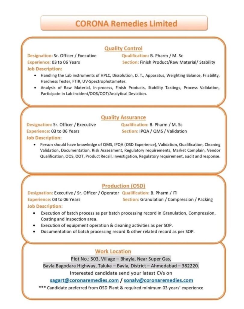 Corona Remedies Limited Hiring: QC, QA & Production jobs