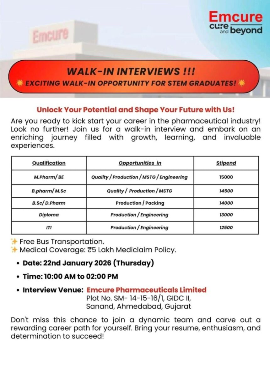 Emcure Pharmaceuticals Walk-In Interview 2026 for Freshers | Quality ...