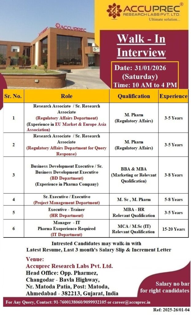 Accuprec Research Labs Walk-In Interview | Pharma Jobs