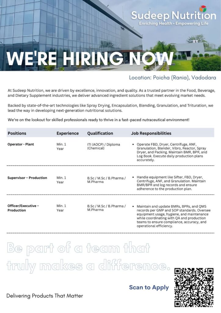 Sudeep Nutrition Hiring Production Professionals | Vadodara
