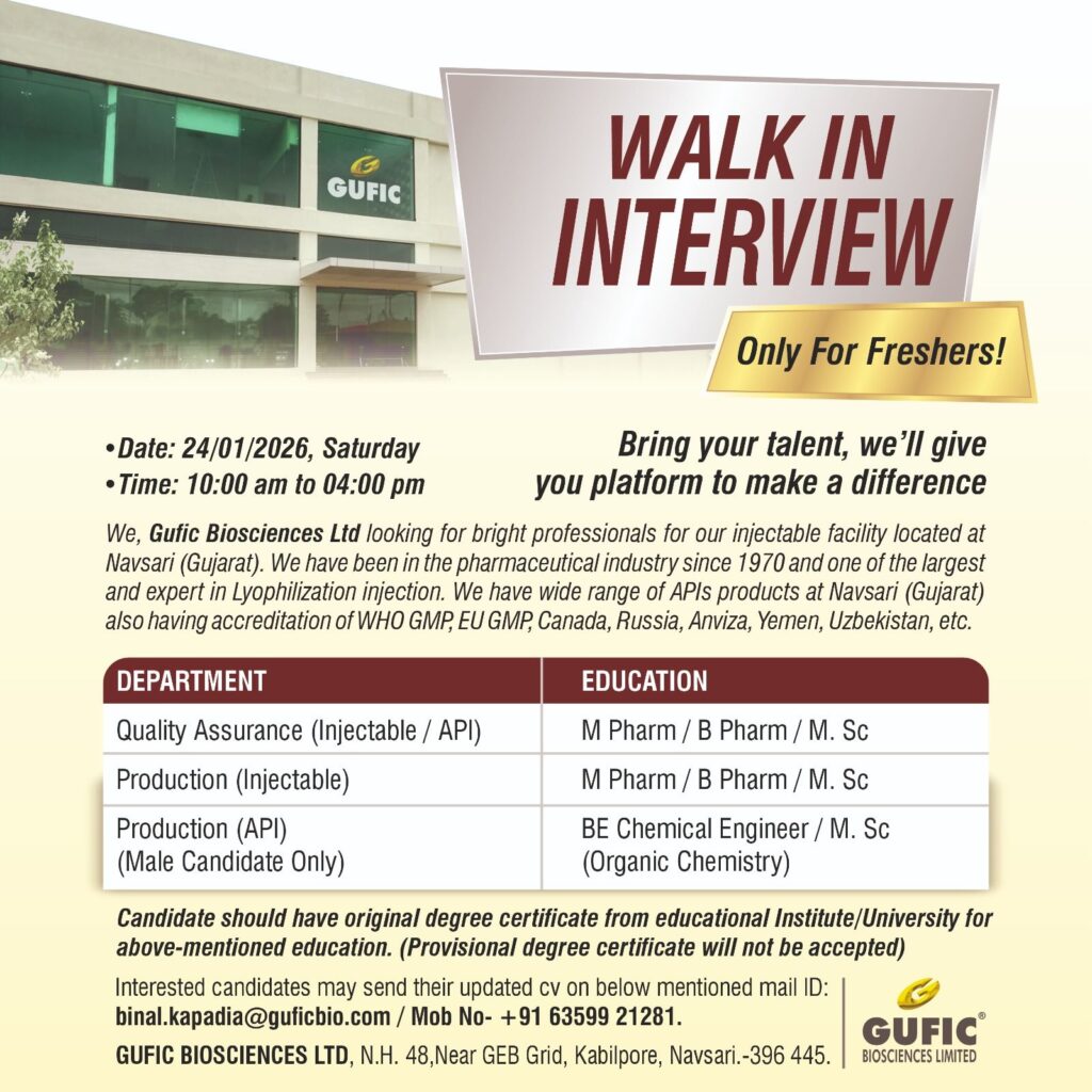 GUFIC Biosciences Walk-In Interview 2026 | Freshers Hiring for Injectable Jobs