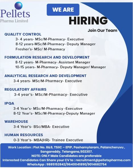 Pellets Pharma Limited Hiring Multiple Positions