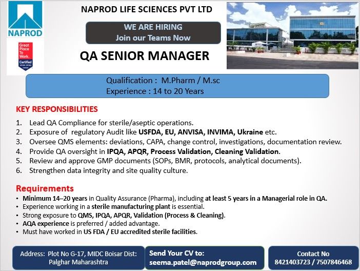 Naprod Life Sciences | Sterile Pharma QA Careers in Maharashtra
