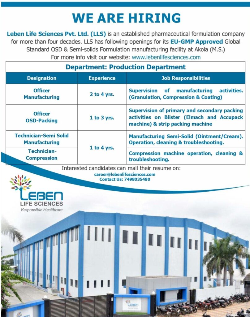 Production Department Jobs at Leben Life Sciences Pvt. Ltd. in Akola