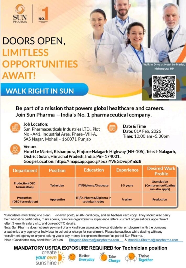 Sun Pharma Walk-in Interview 2026 | Production Jobs
