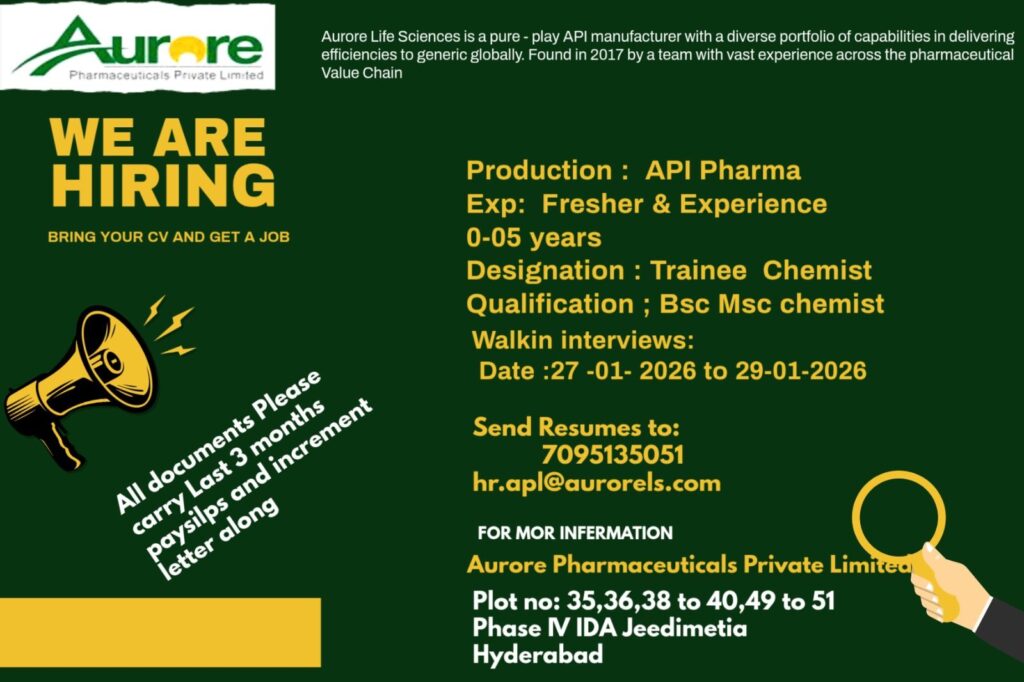 Aurore Pharmaceuticals Hiring – Trainee Chemist