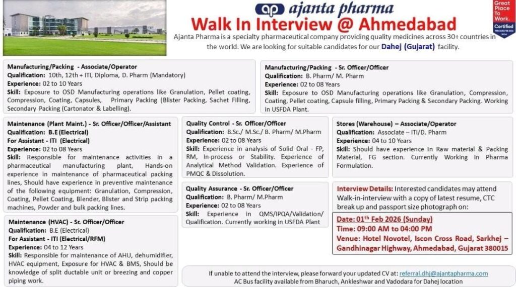 Ajanta Pharma Walk-In Interview in Ahmedabad – Multiple Job Openings
