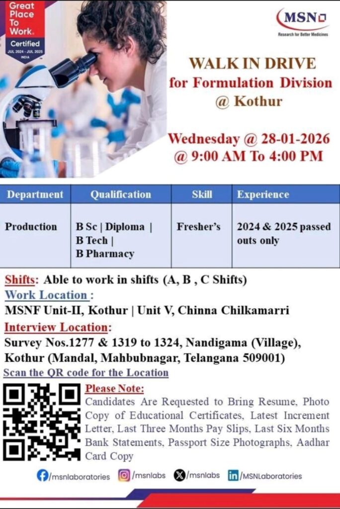 Production Department Jobs at MSNL Labs Kothur
