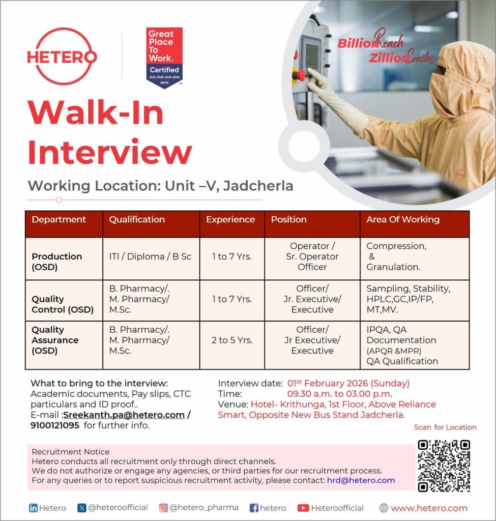 Walk-in Interview at Hetero – Production, QC & QA Jobs