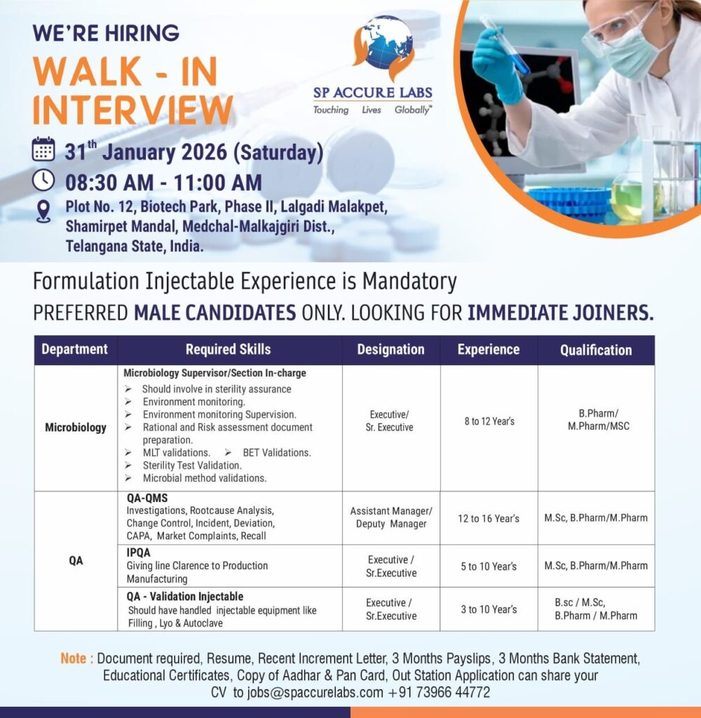 Walk-in Interview at SP Accure Labs – Multiple Openings