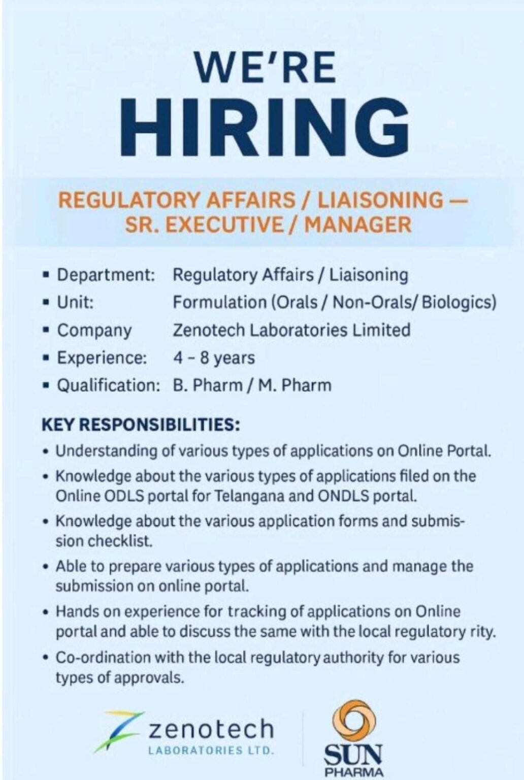 Zenotech Laboratories Hiring Senior Regulatory Affairs Professionals ...