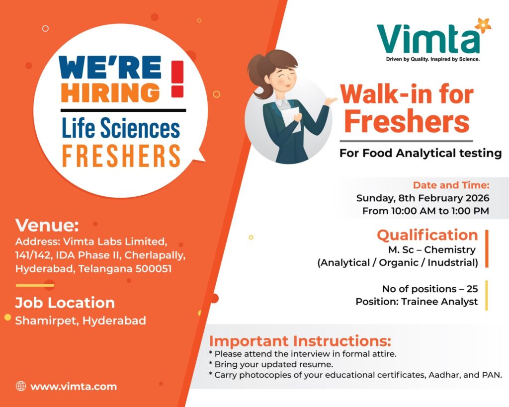 Trainee Analyst Vacancy at Vimta Labs | Walk-in Interview for Freshers